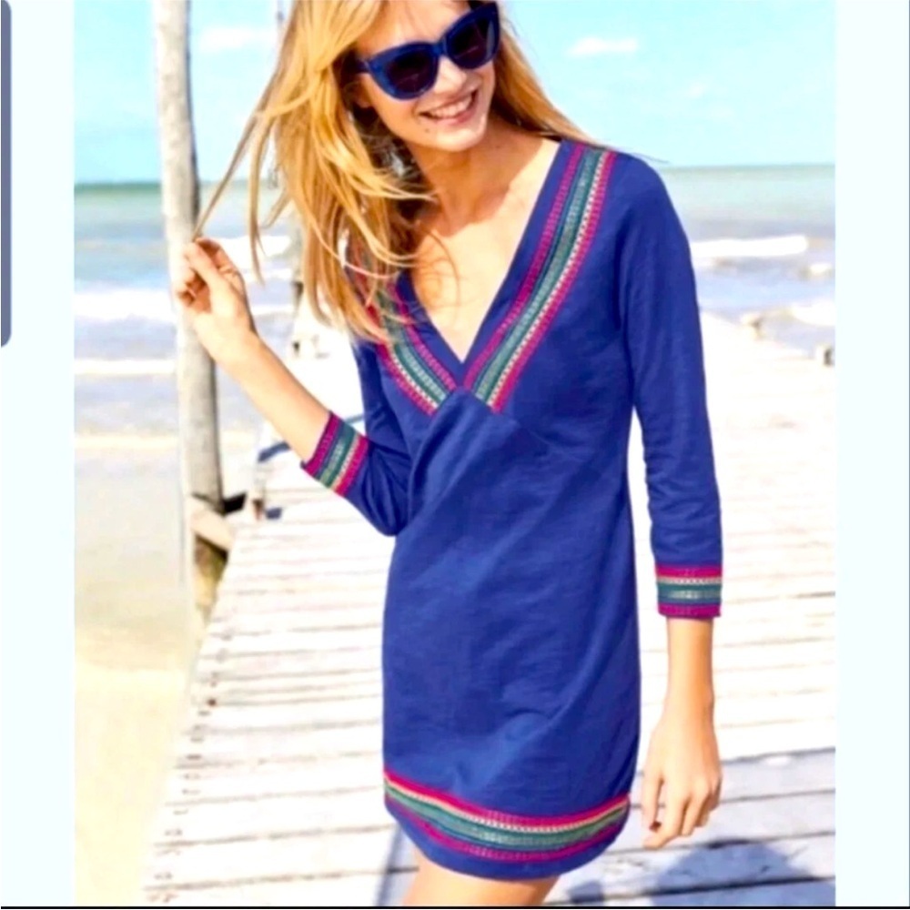 Boden Rosanna Jersey  blue embroidered Tunic Dress US Size 4 Uk 6 ( P -21)